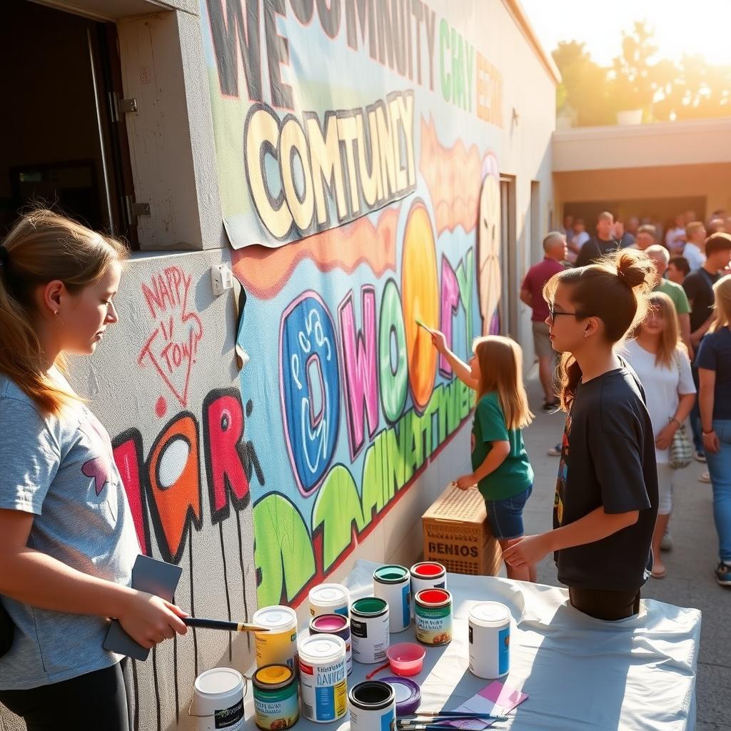 Students painting a vibrant mural on a community center wall with onlookers nearby.