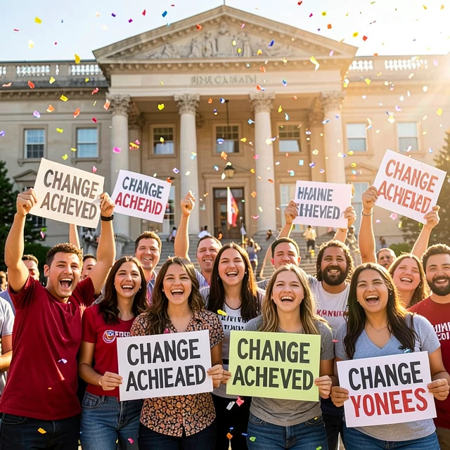 Diverse volunteers celebrating a successful advocacy campaign