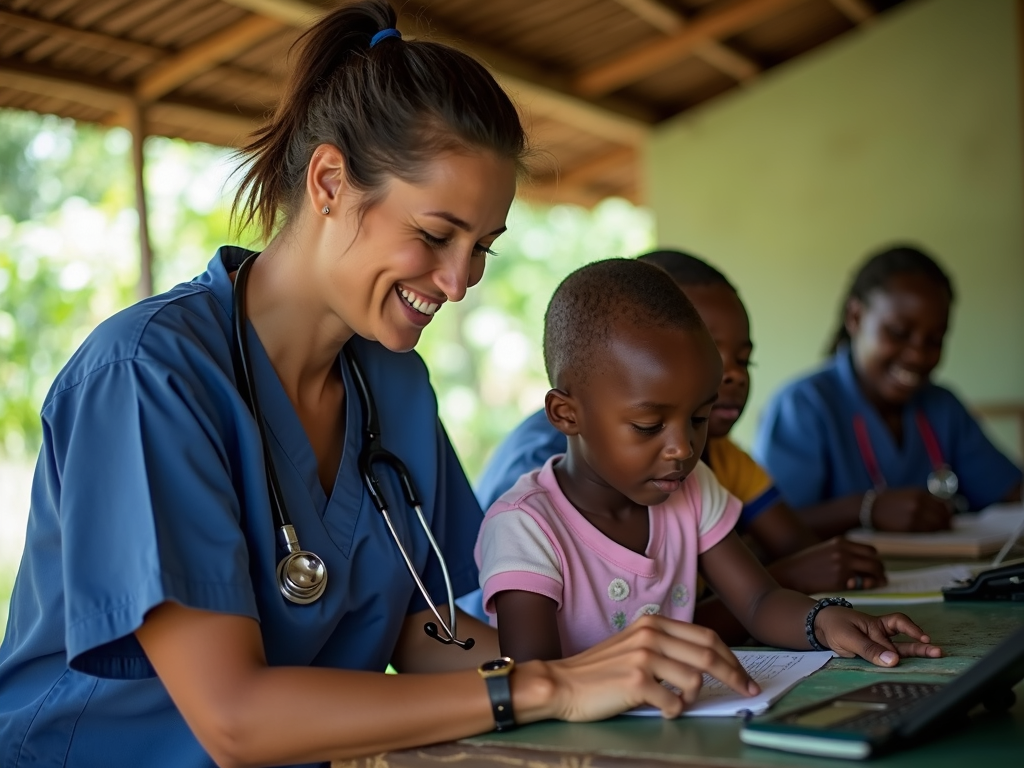 Healthcare volunteer examining a child in a rural clinic
