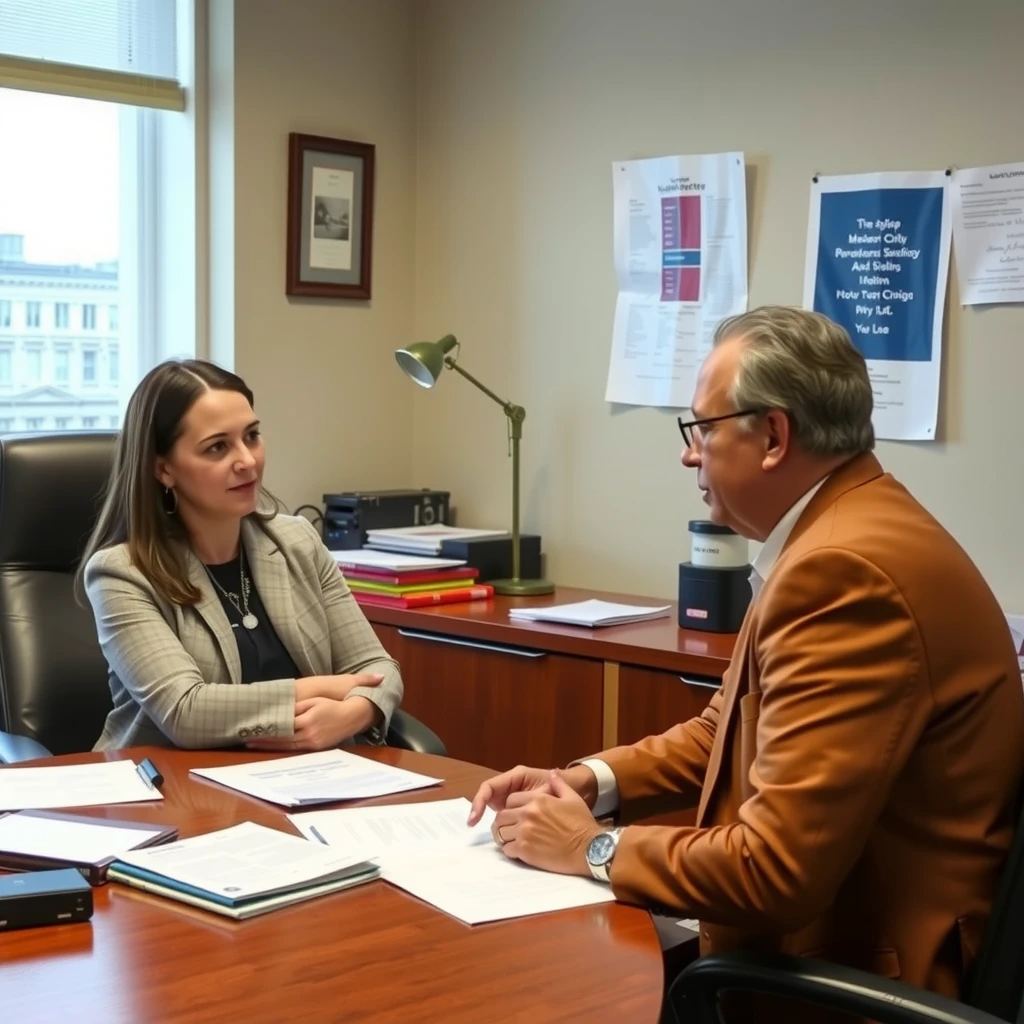 Volunteer discussing advocacy issues with a policymaker in an office