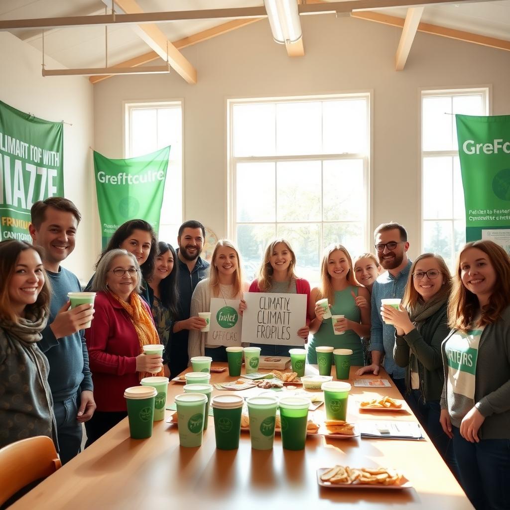 Group celebrating climate advocacy success in a community center