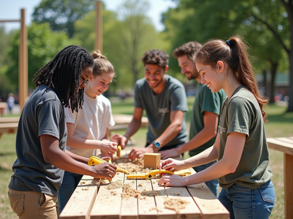 College volunteers building a playground, making a positive impact on the community.