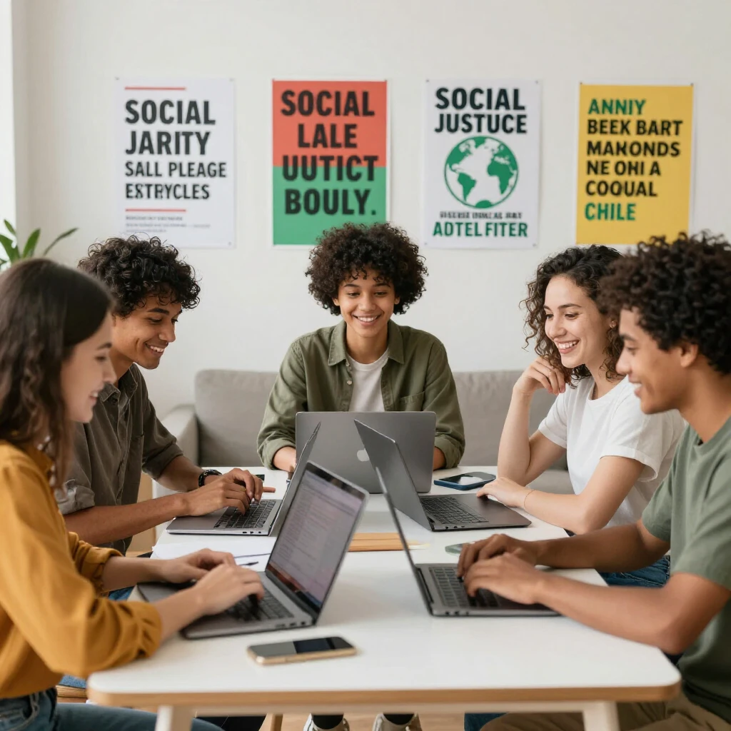Young volunteers working online on a digital advocacy campaign using laptops