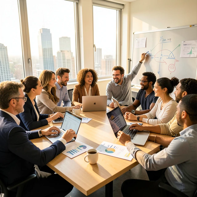 Diverse team building an advocacy network around a conference table