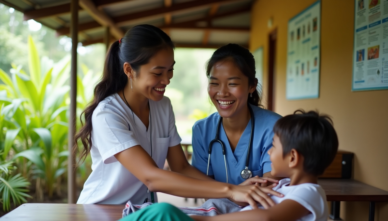 A healthcare volunteer assisting a local healthcare worker in a clinic.