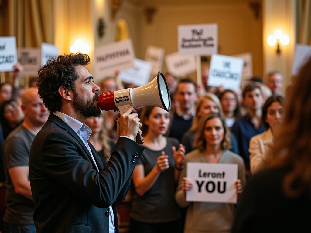An advocate leading a crowd in a community hall.