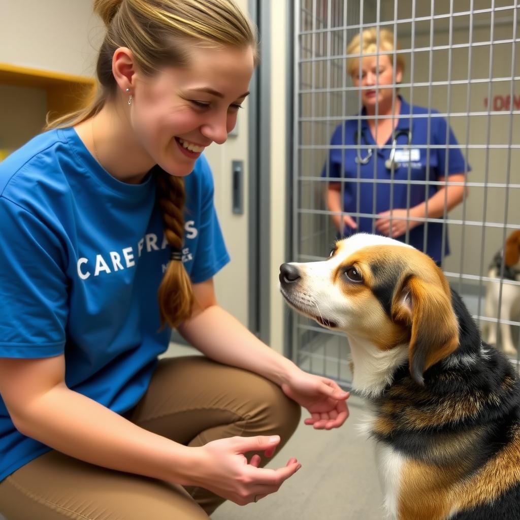 College student volunteering at an animal shelter.