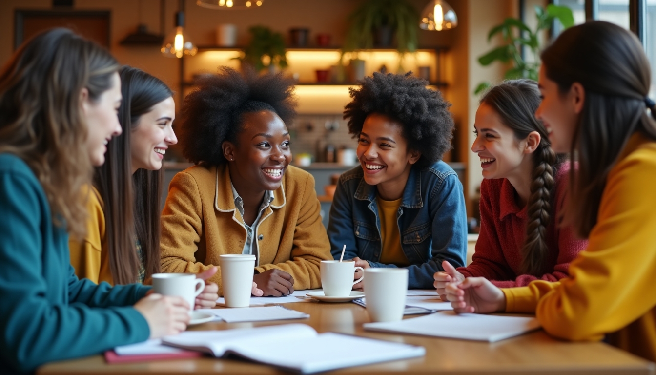 Group of diverse college students discussing a volunteer project over coffee in a trendy cafe.