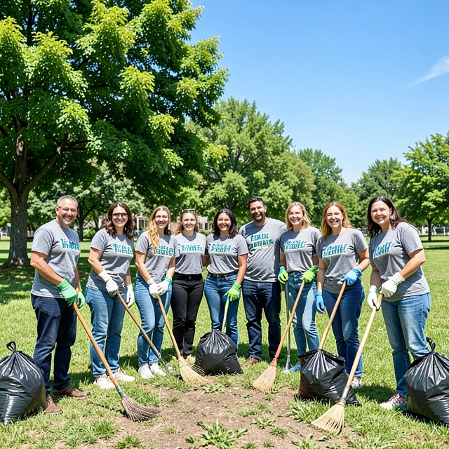 Diverse volunteers collaborating on a community park cleanup project
