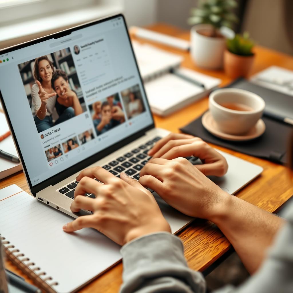 Hands typing on a laptop displaying a social media post about a community event, with a cozy desk setup including notebooks and a plant.