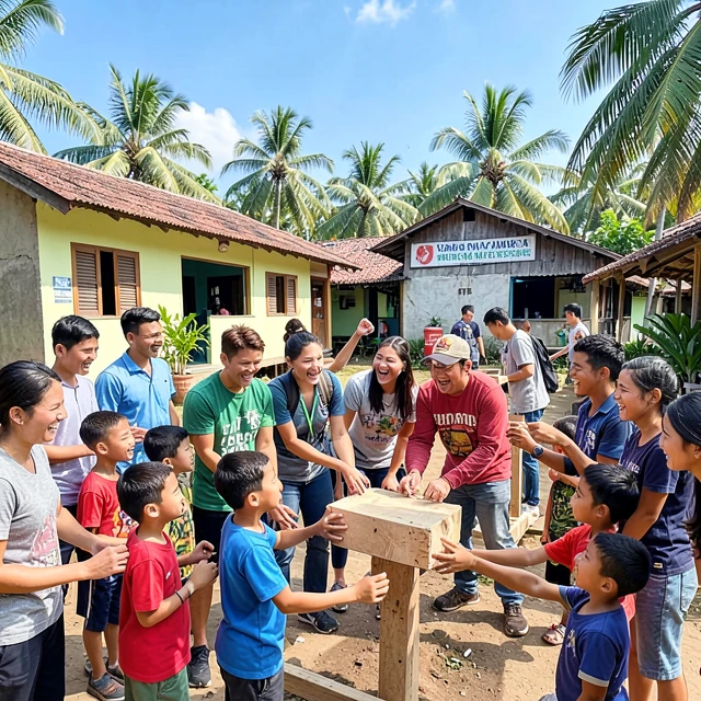 Diverse college students volunteering abroad building a school with local community