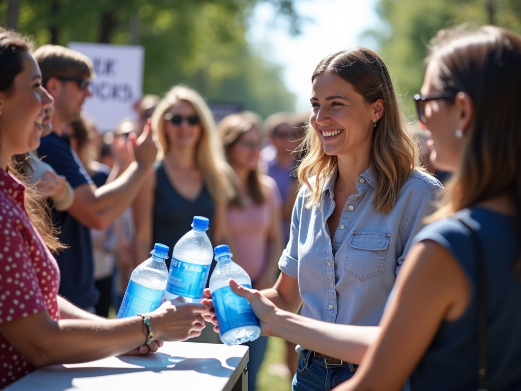 A volunteer supporting a grassroot rally by keeping everyone hydrated and engaged.