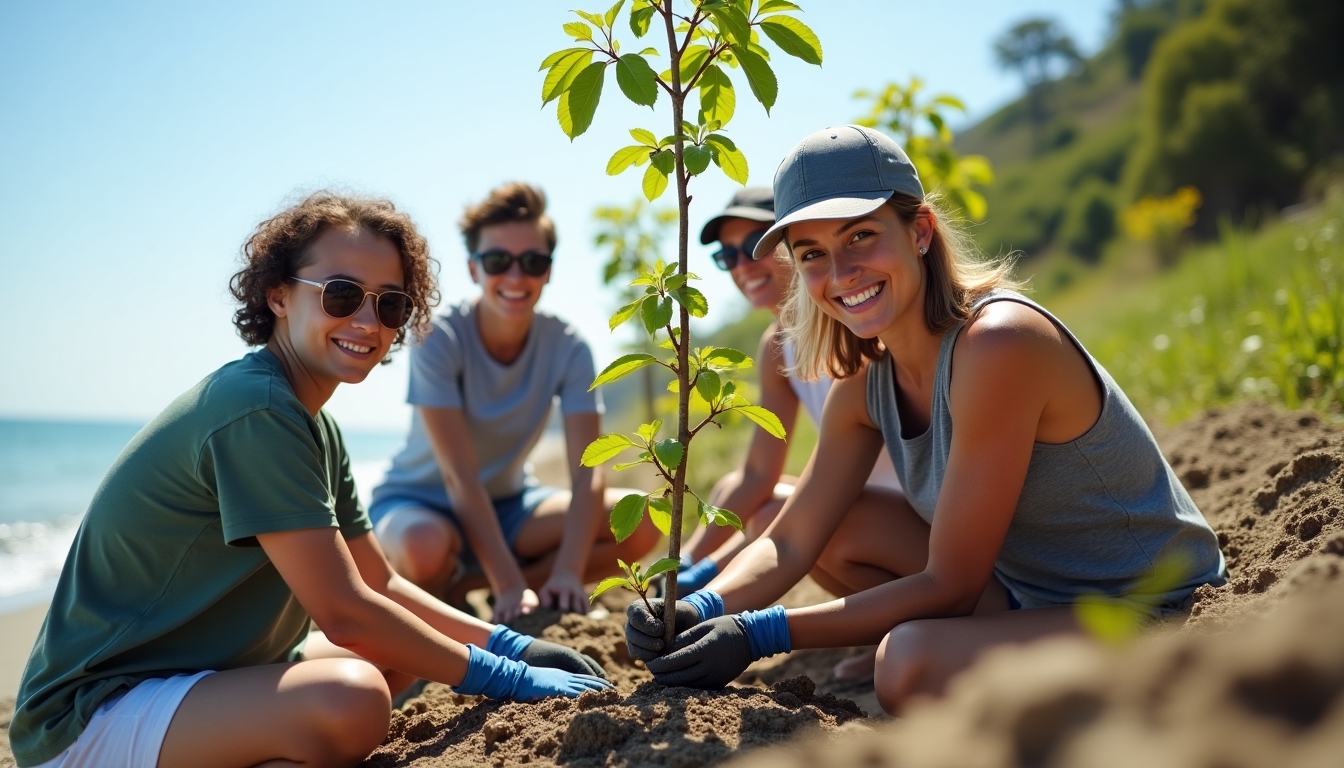 Environment-focused advocacy volunteering with people planting trees and cleaning beaches