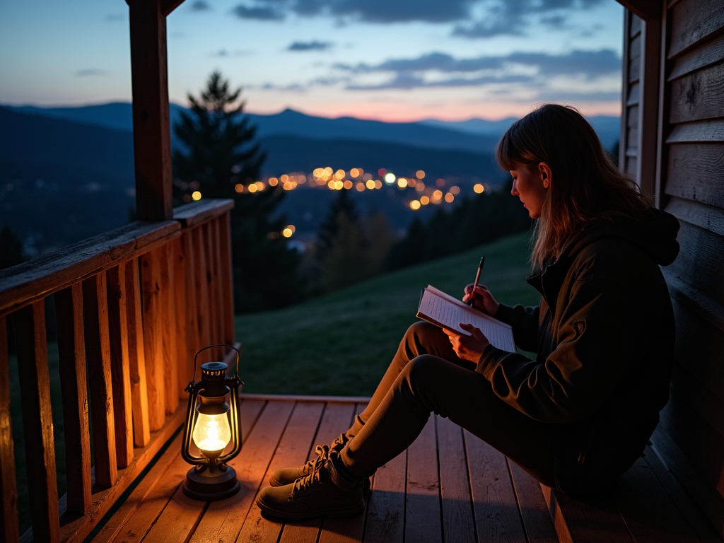 Volunteer journaling at dusk in a rural village