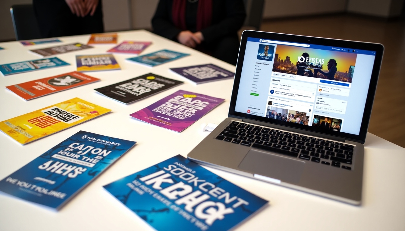 Poster design and online event promotions for a community service event, showcasing marketing strategies.