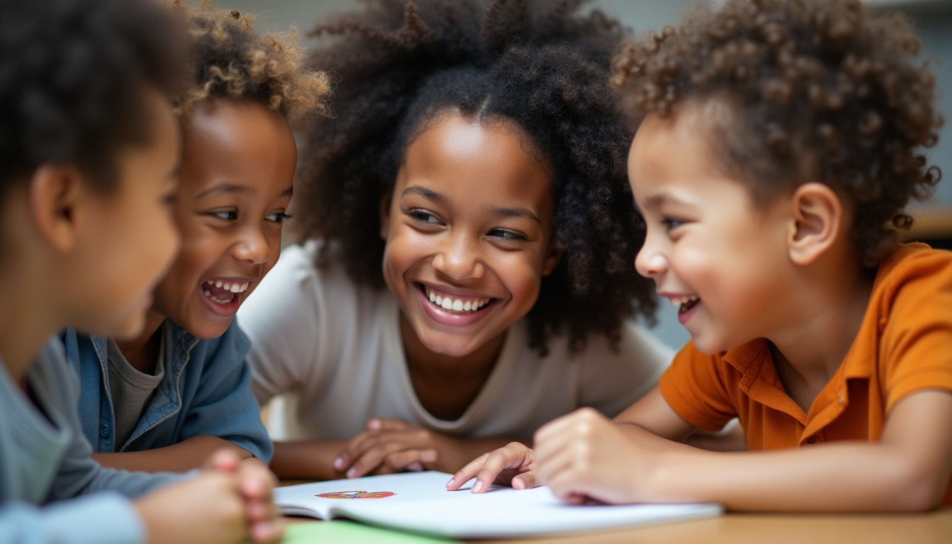 A volunteer working with children, emphasizing collaboration and sharing insights