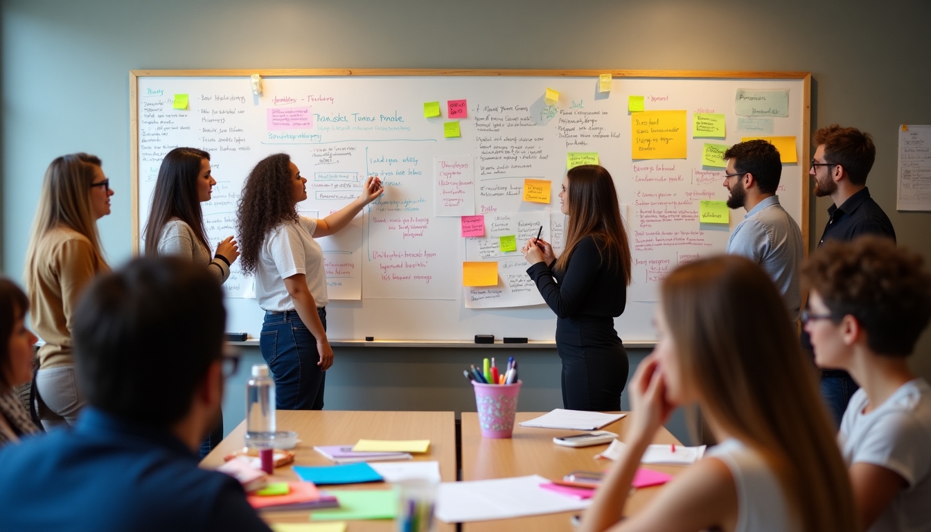 A team of volunteers holding a meeting in a community center, with flip charts around them.