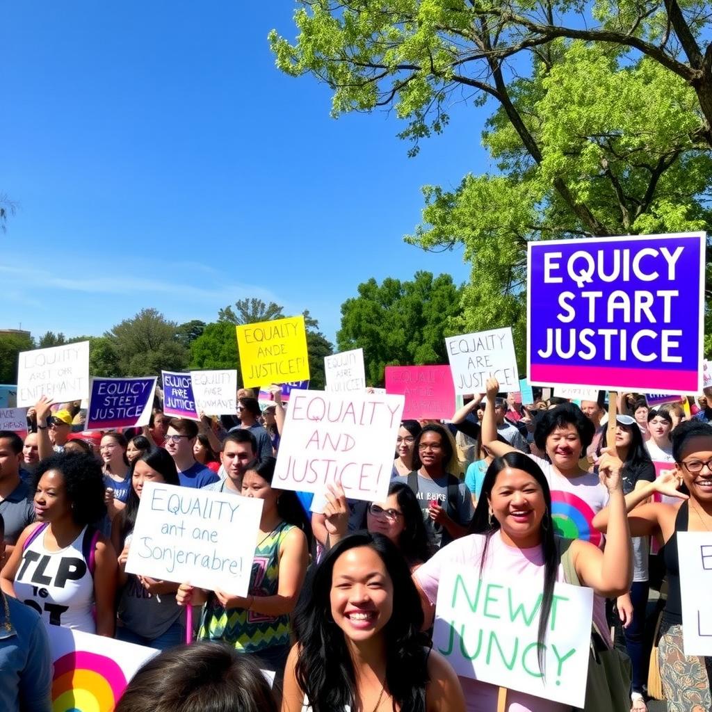A diverse group of advocates at a community rally promoting equality and justice.