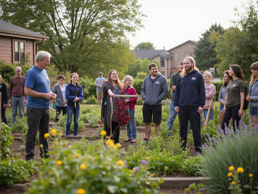A happy crowd of students and locals cutting a ribbon in front of a new community garden, with shovels and plants nearby.