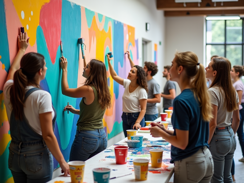 College students painting a mural during a service learning project