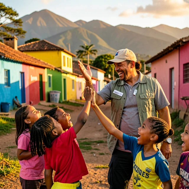 Volunteer celebrating with local children after a project