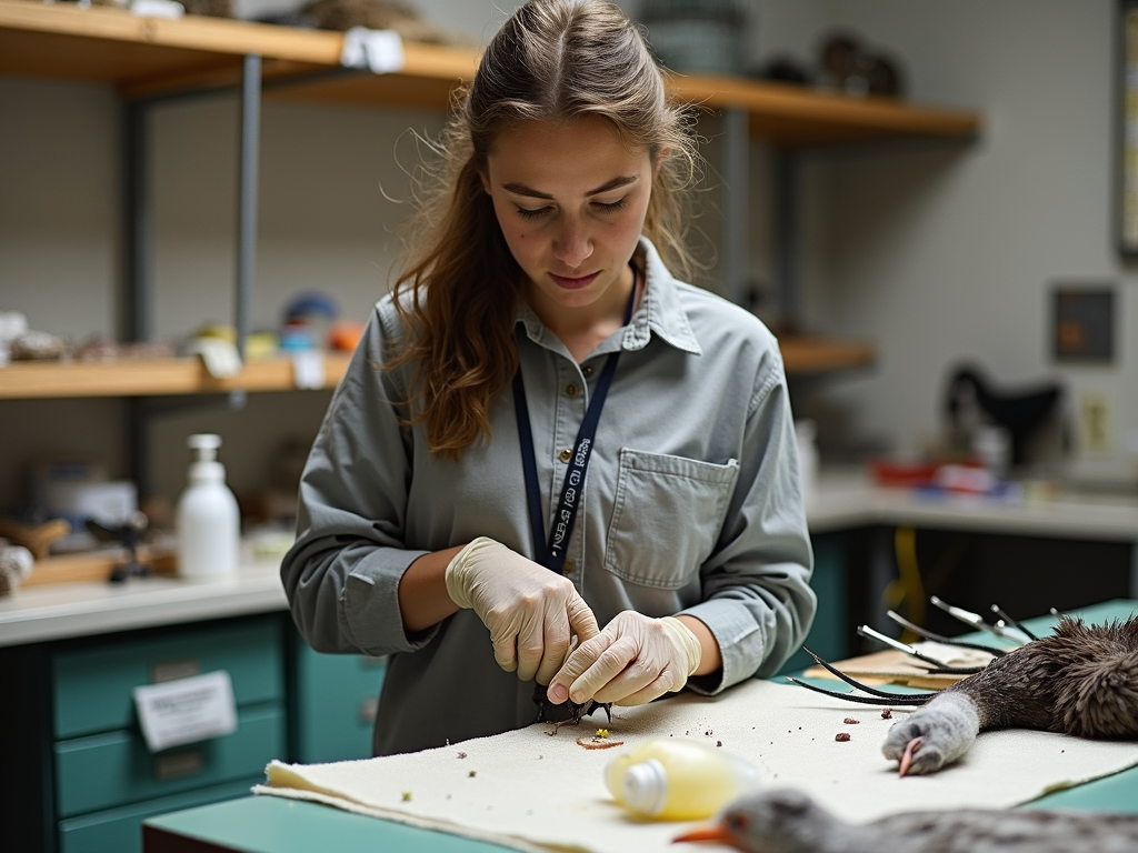 Student aiding a bird at a wildlife rescue center